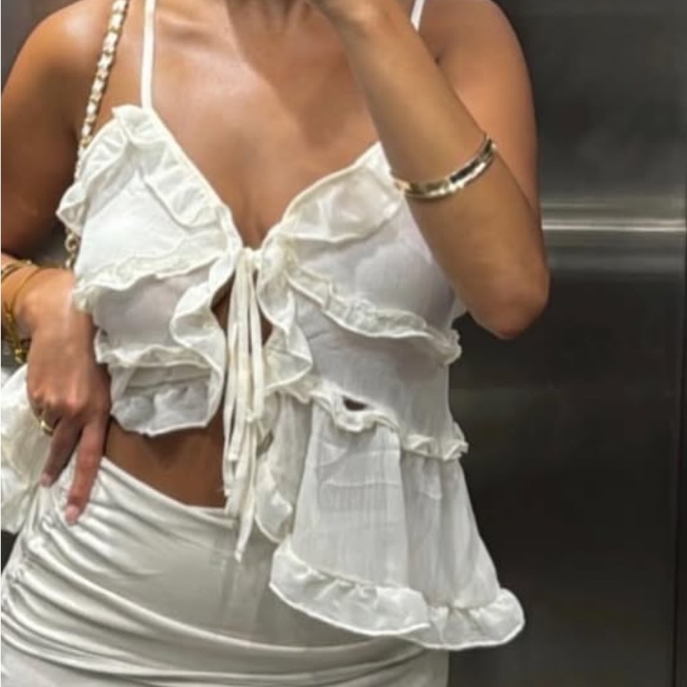 Fashion Nova White Ruffled Tie-Front Camisole